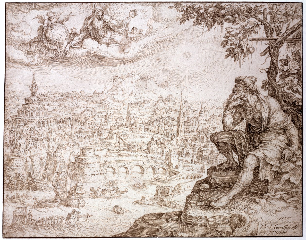 Jonah, Seated Under the Gourd, Contemplates the City of Nineveh by Maerten van Heemskerck