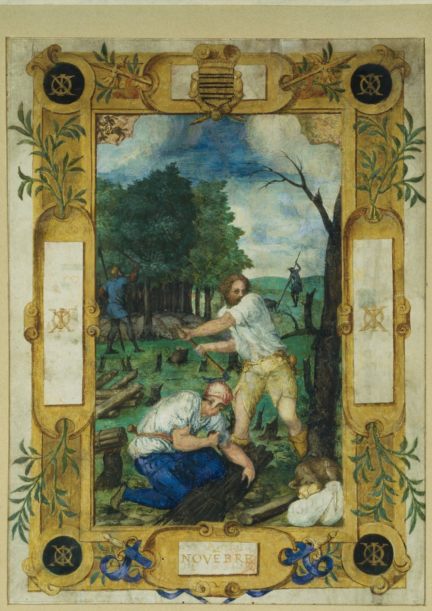 Calendar page for November, felling of the trees, from a book of hours, c.1550-60 by Maitre des Heures de Claude Gouffier