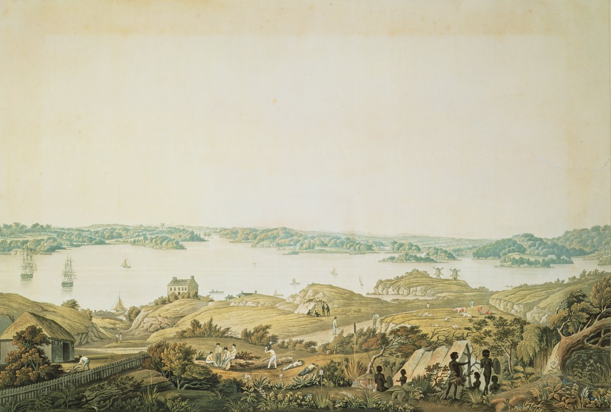 Part of the harbour of Port Jackson and the country between Sydney and the Blue Mountains, New South Wales, right section of a panoramic view, c.1821 by Major James Taylor