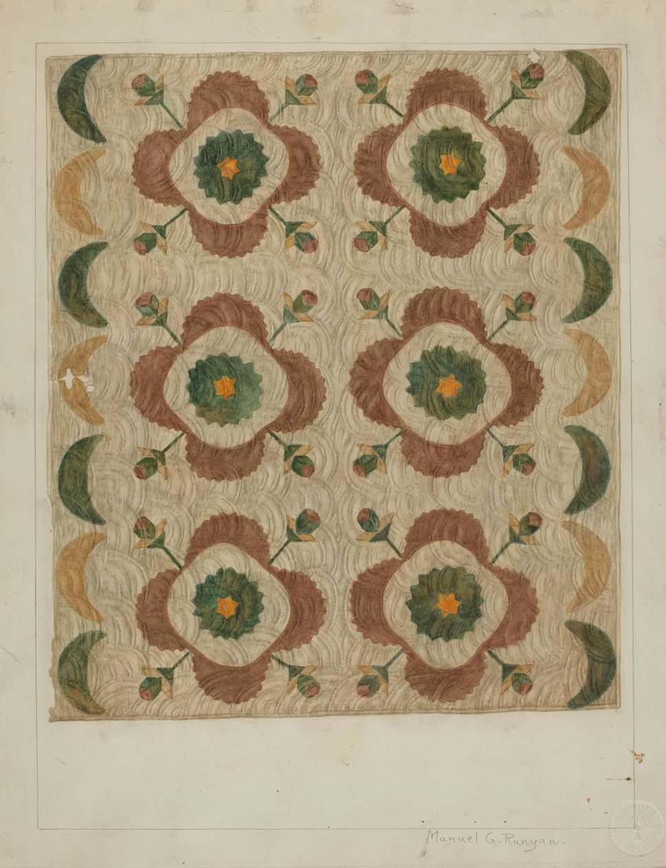 Applique and Quilted Coverlet, 1935-1942 by Manuel G. Runyan