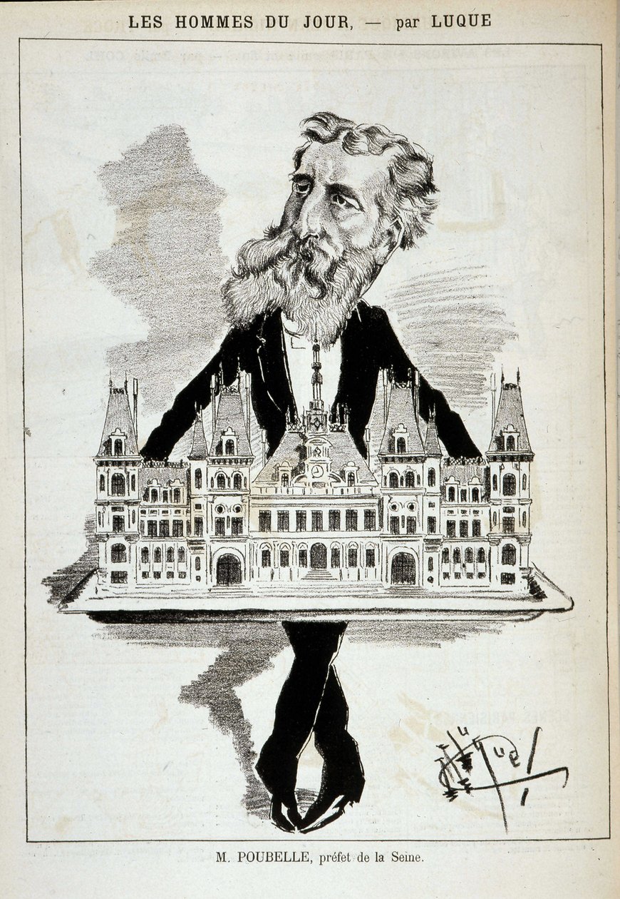 Cartoon by M. Poubelle, prefect of the Seine, carrying the City Hall of Paris on a plateau - Dess. by Luque, in 