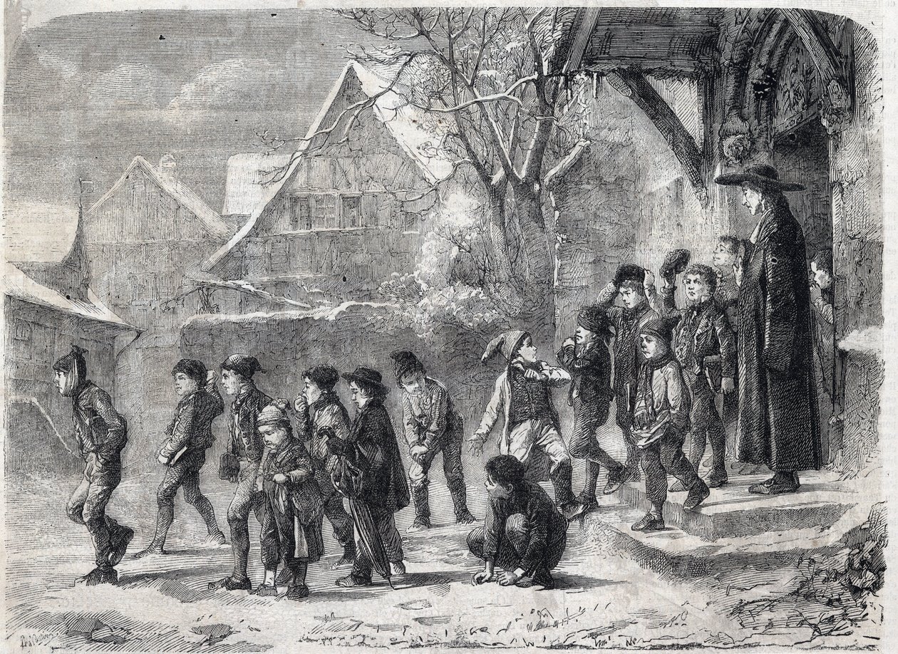 Out of school in winter. Engraving after a painting by M. B. Vautier in The Universe Illustrous by Marc Louis Benjamin (after) Vautier