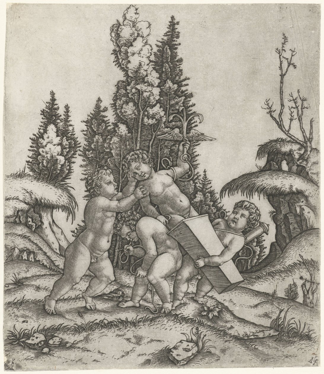 Amor and Two Putti or Children Carrying a Statue of Putti with Winged Anchor on Pedestal by Marcantonio Raimondi