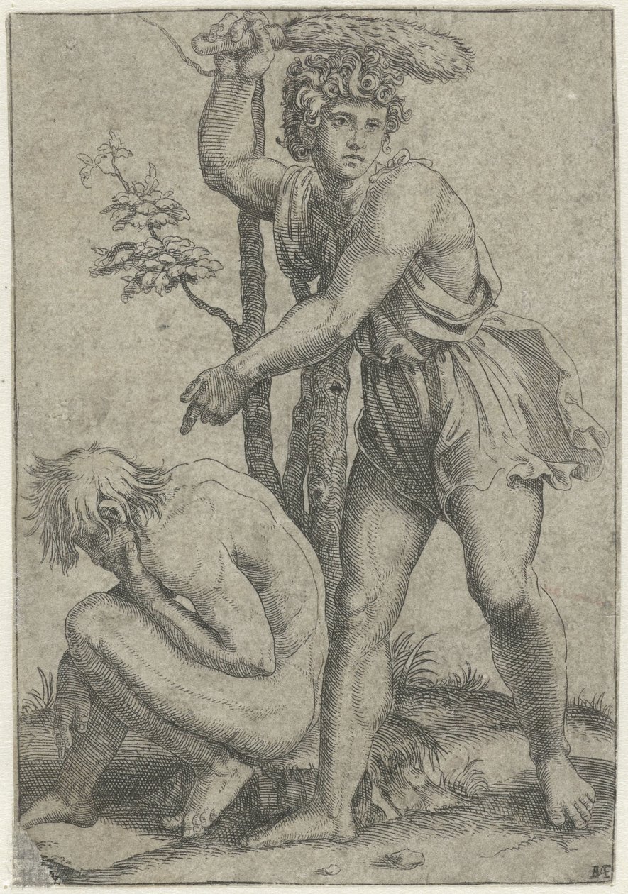 Crouching Naked Man Beaten by Man with Fox Tail by Marcantonio Raimondi