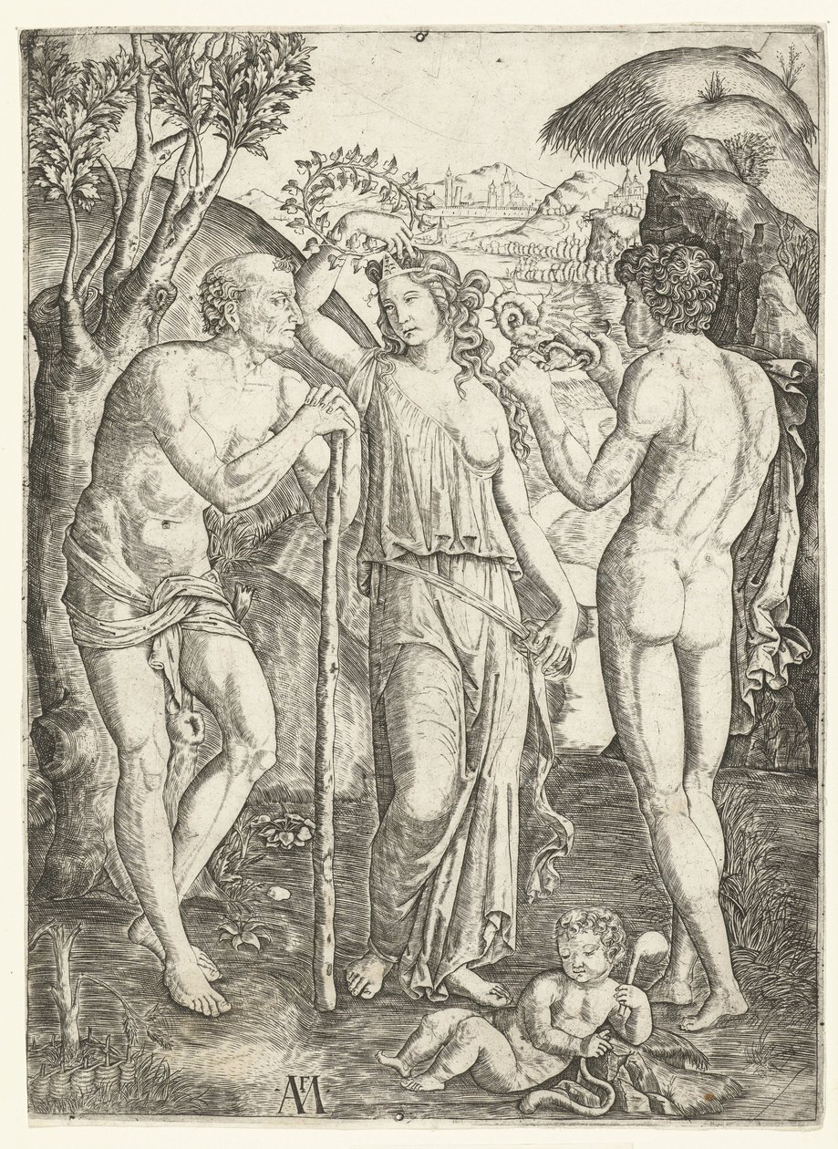 Young Woman with Leaf Wreath Standing Between Old Man Leaning on Stick and Young Man with Dragon and Child by Marcantonio Raimondi