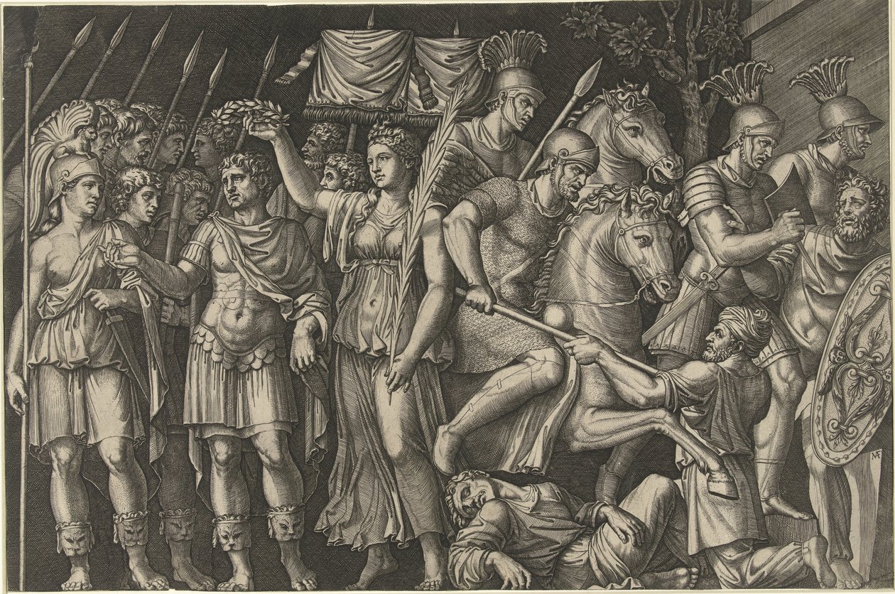 Emperor Trajan Crowned by Victoria Next to Female Personification of Rome and Romans Fighting Dacians by Marcantonio Raimondi