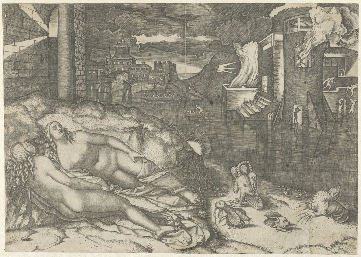 Landscape with Two Naked Sleeping Women and Fantasy Animals on Shore by Water with Burning Building (Dream of Raphael) by Marcantonio Raimondi