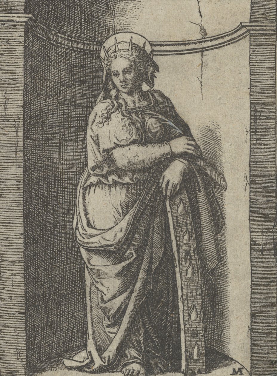 Saint Catherine Standing in a Niche, Resting on a Wheel, Her Instrument of Torture by Marcantonio Raimondi