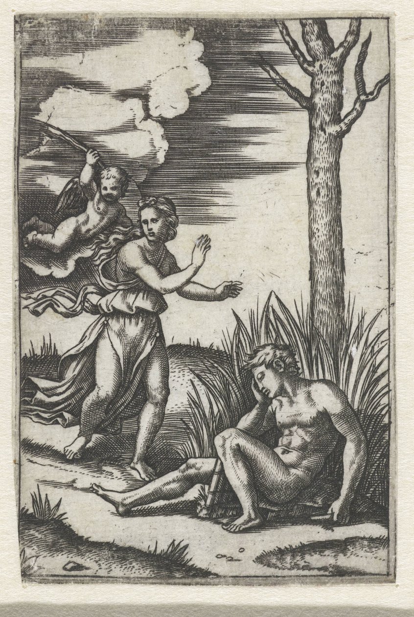 Sleeping Man and Nymph Pursued by Amor by Marcantonio Raimondi
