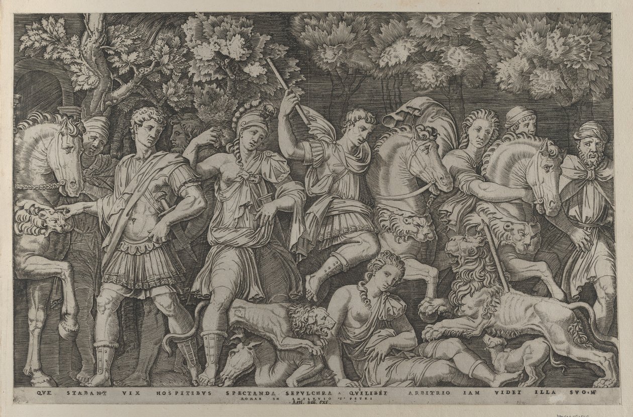 Speculum Romanae Magnificentiae: The Lion Hunt by Marcantonio Raimondi