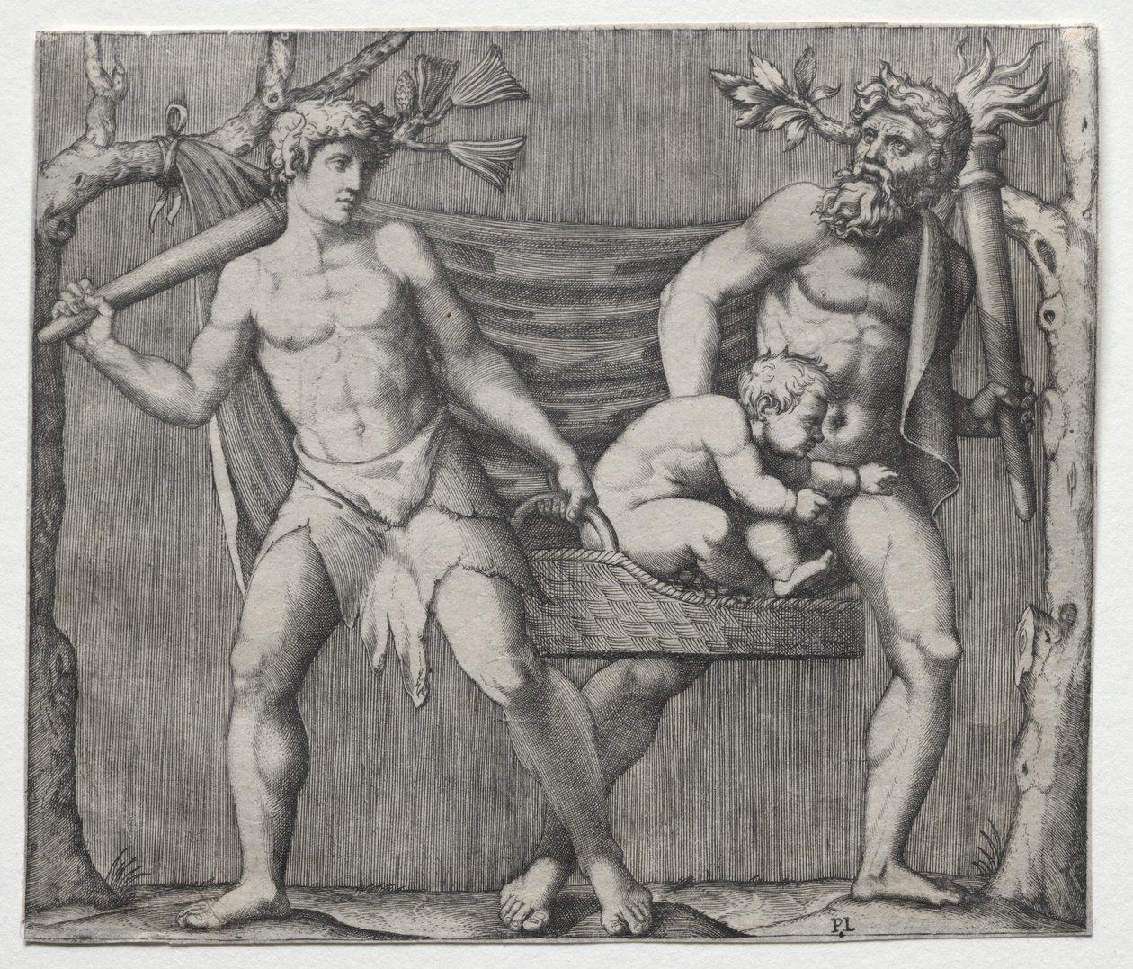 Two Fauns Carrying a Child in a Basket by Marcantonio Raimondi