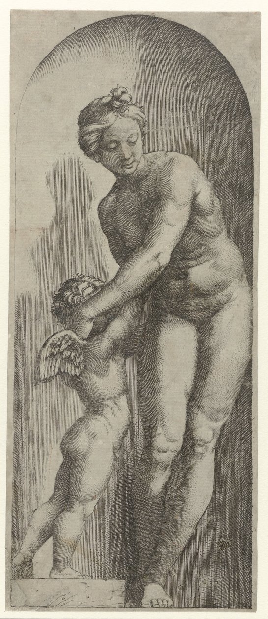 Venus and Amor Standing in Niche by Marcantonio Raimondi