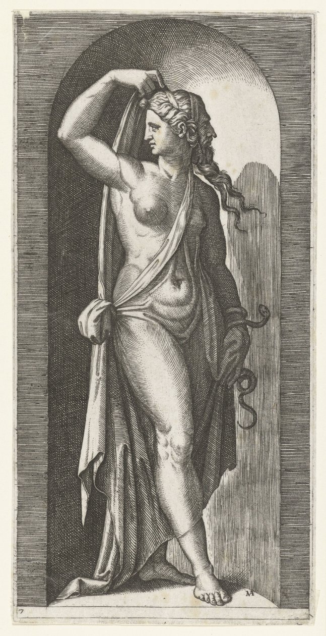 Woman as personification of Prudence (Prudentia) with snake and mask (Seven Virtues series) by Marcantonio Raimondi