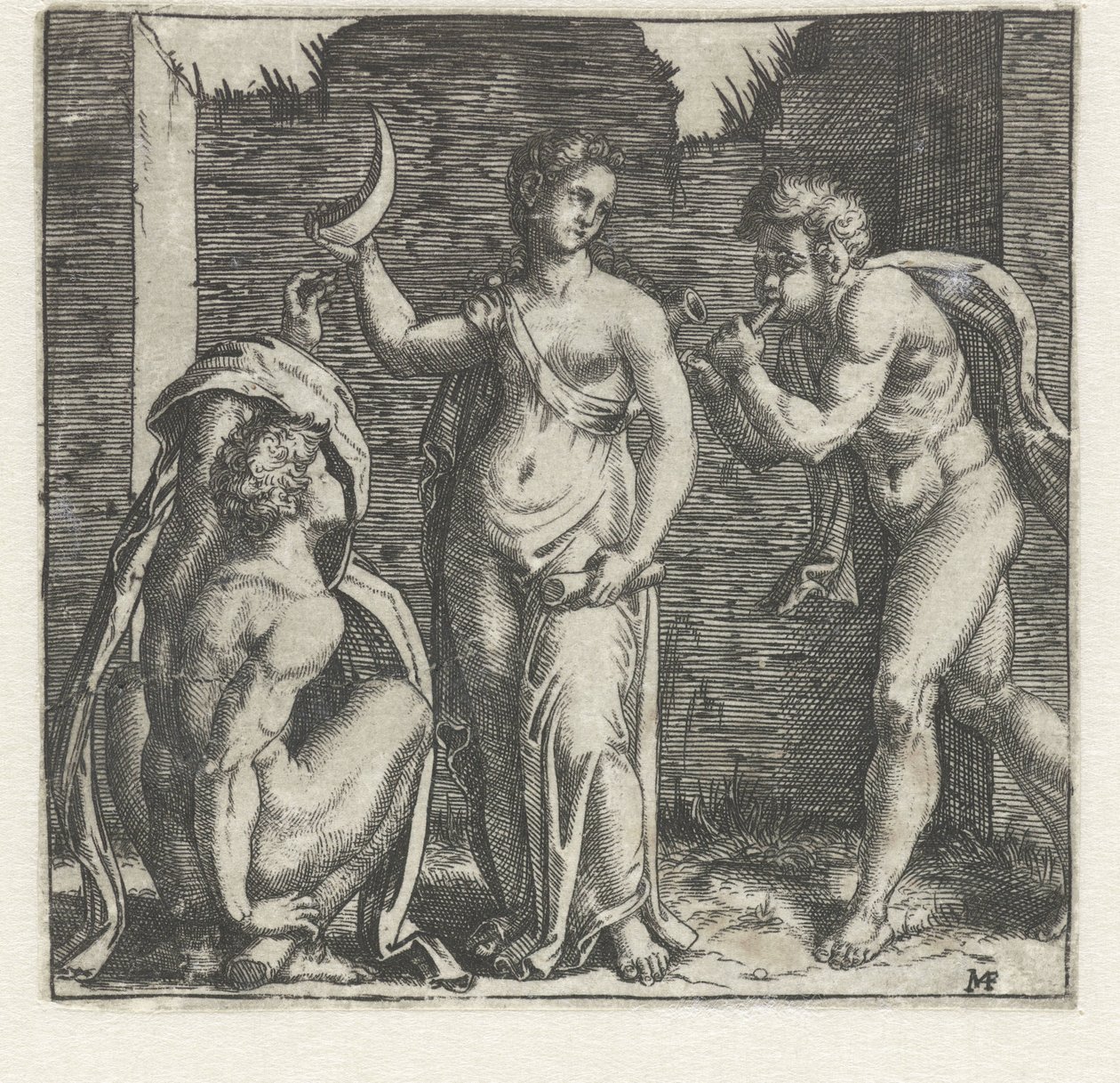 Woman with Crescent Moon Flanked by Faun Blowing Horn and Crouching Man by Marcantonio Raimondi
