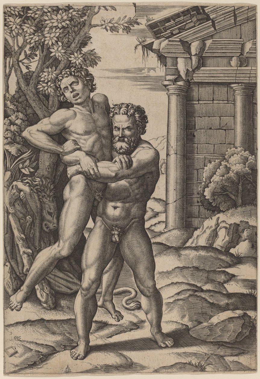 Hercules and Antaeus by Marcantonio Raimondi, after Raphael