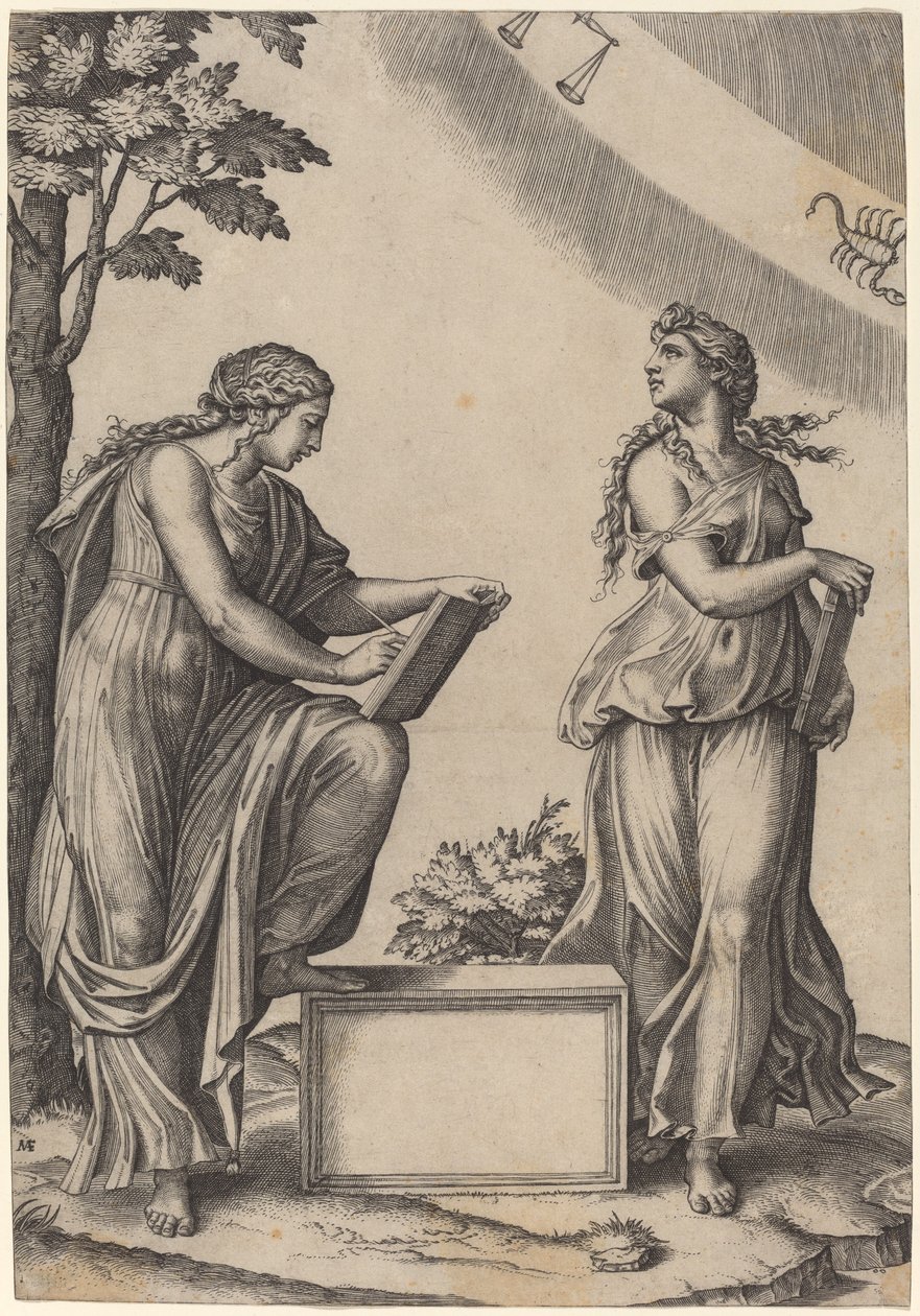 Two Women with the Zodiac by Marcantonio Raimondi after Raphael