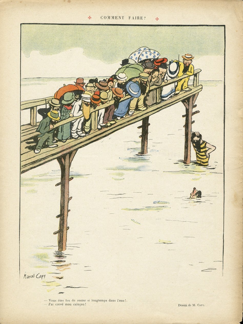 Illustration of Marcel Capy (1865-1941) in Le Rire, 24/08/12 - How to do it? - Leisure, Architecture Urban Planning, Marine Marine Seaside, Swimming, Crowd by Marcel Amable O.L. Capy