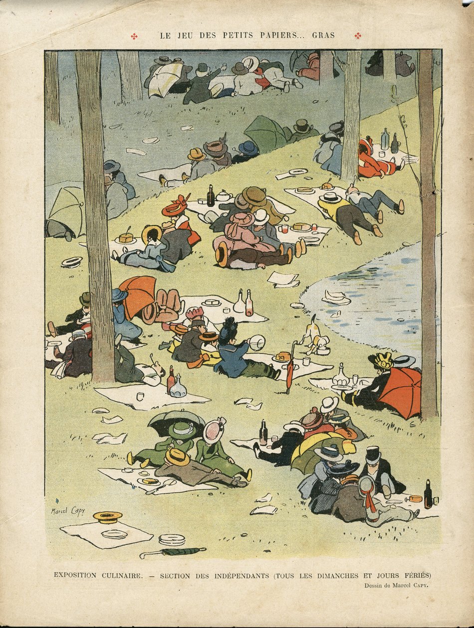 Illustration of Marcel Capy (1865-1941) in Le Lire, 28/05/10 - The game of little greasy papers - Hobbies, Picnic, Gastronomy cook by Marcel Amable O.L. Capy