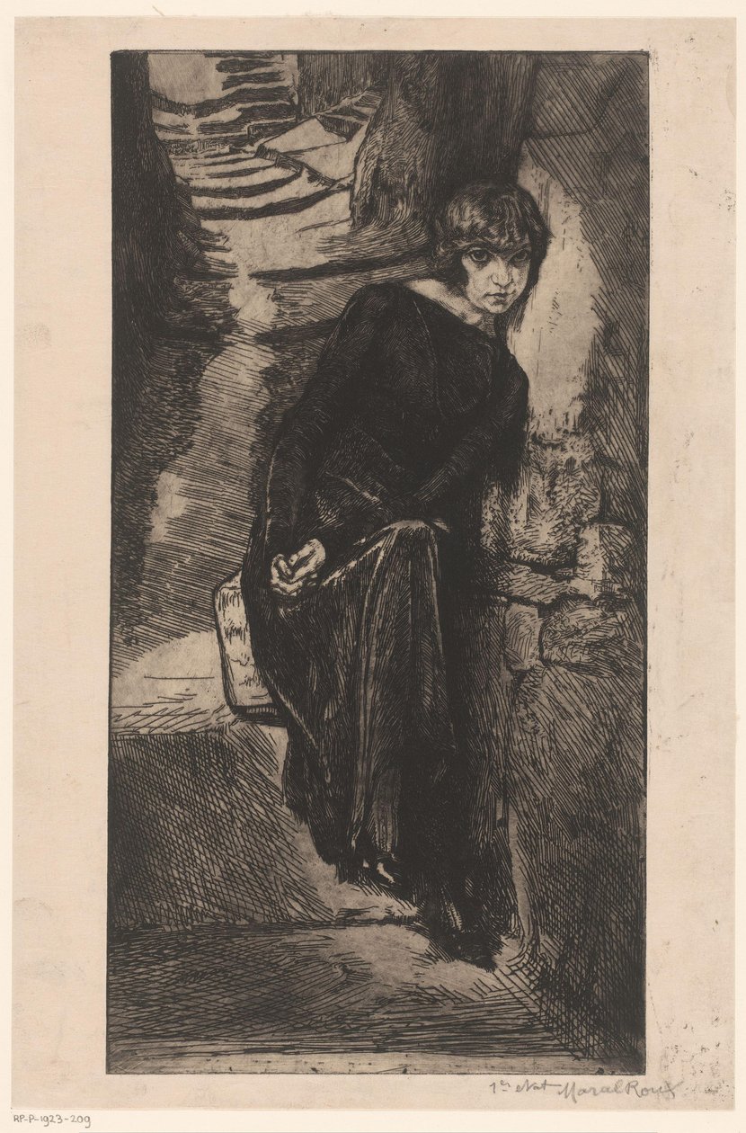 Woman Dressed in Black Leaning Against a Wall (Fille de Joie) by Marcel Roux (signed by artist)