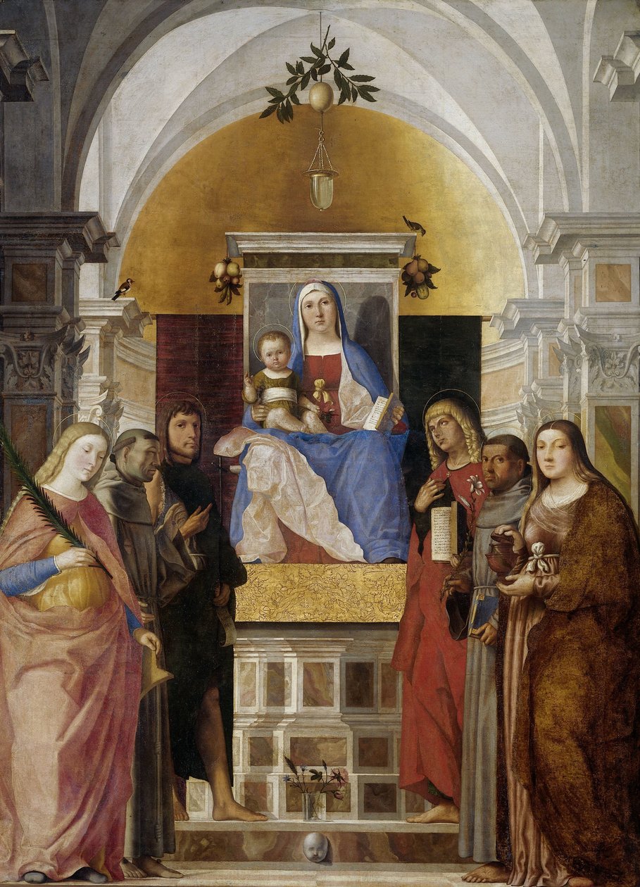 Madonna and Child with Sts Catherine, Francis of Assisi, John the Baptist, John the Evangelist, Antony of Padua and Mary Magdalene by Marcello Fogolino