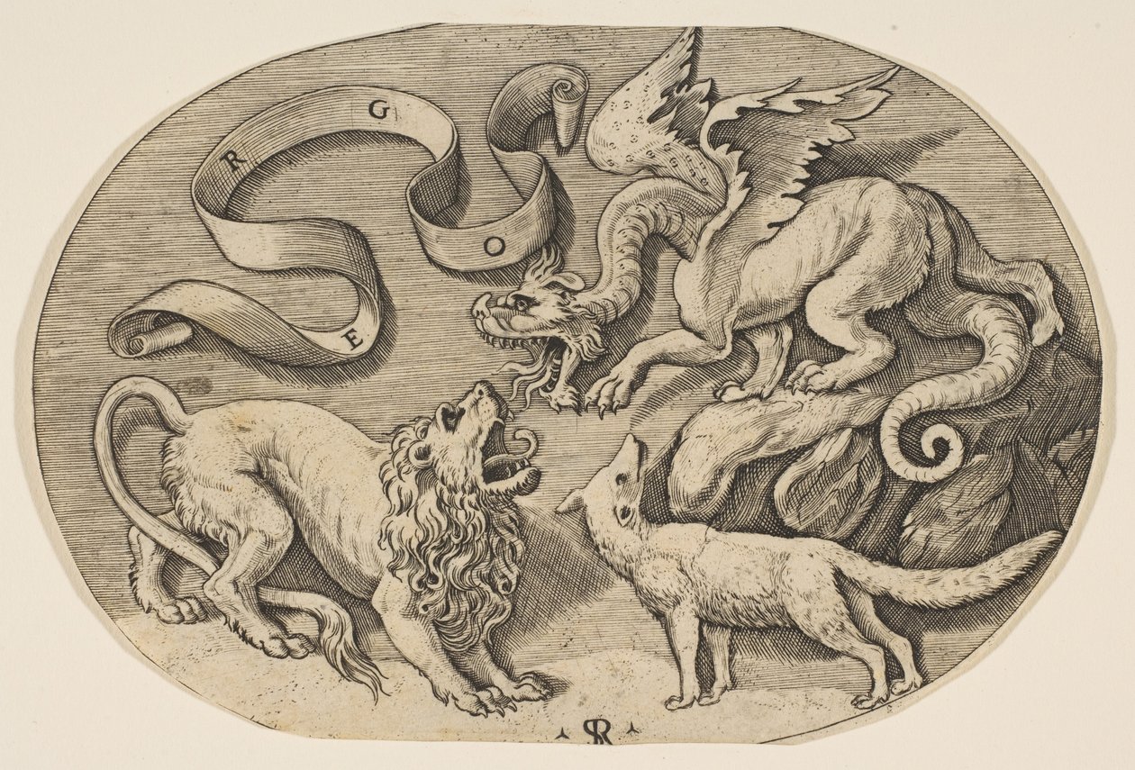 A Lion, Dragon and Fox Fighting Each Other by Marco Dente