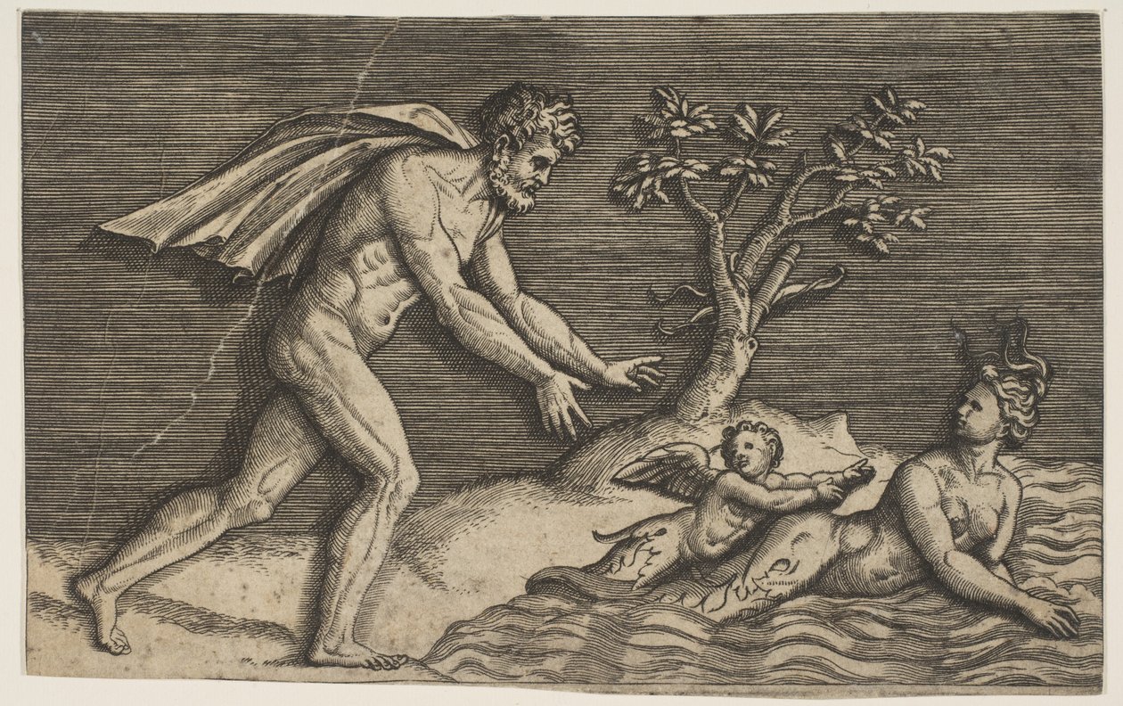 A Naked Man Pursuing a Naiad and a Cupid into the Water by Marco Dente