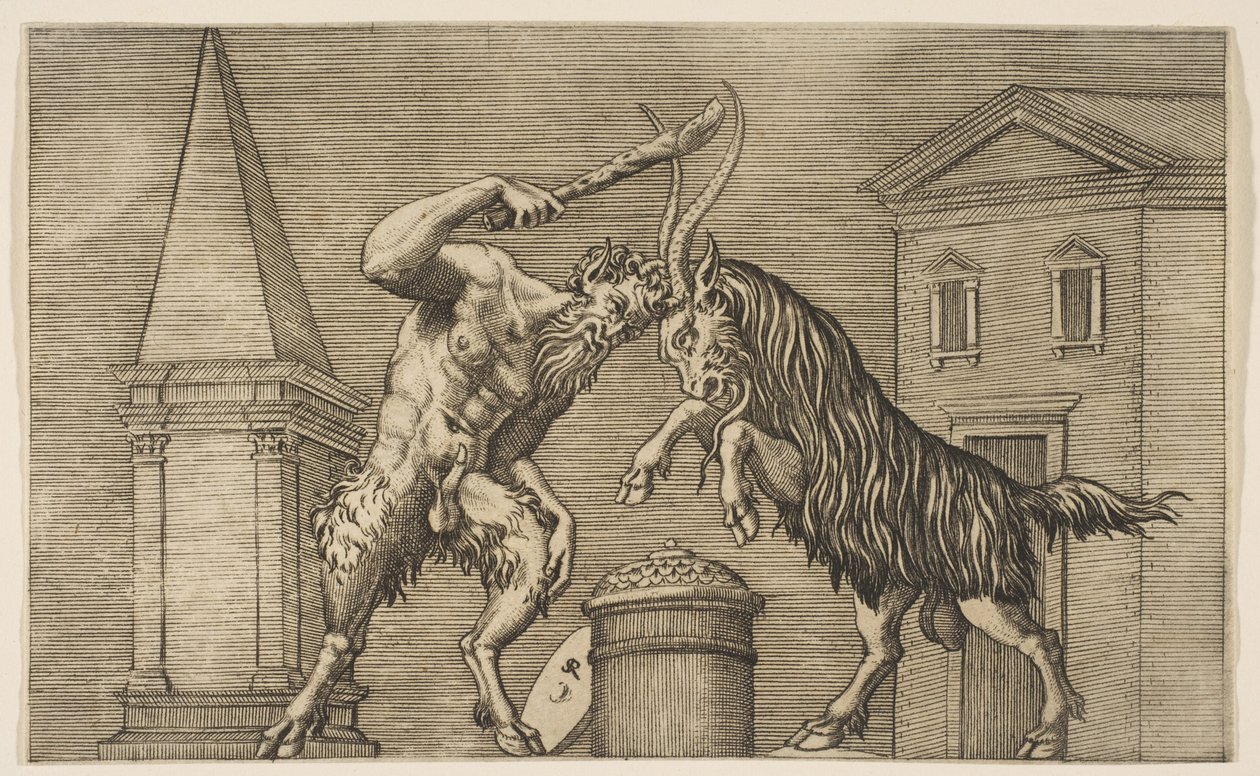 A satyr and a ram attacking each other, the satyr wielding a club by Marco Dente