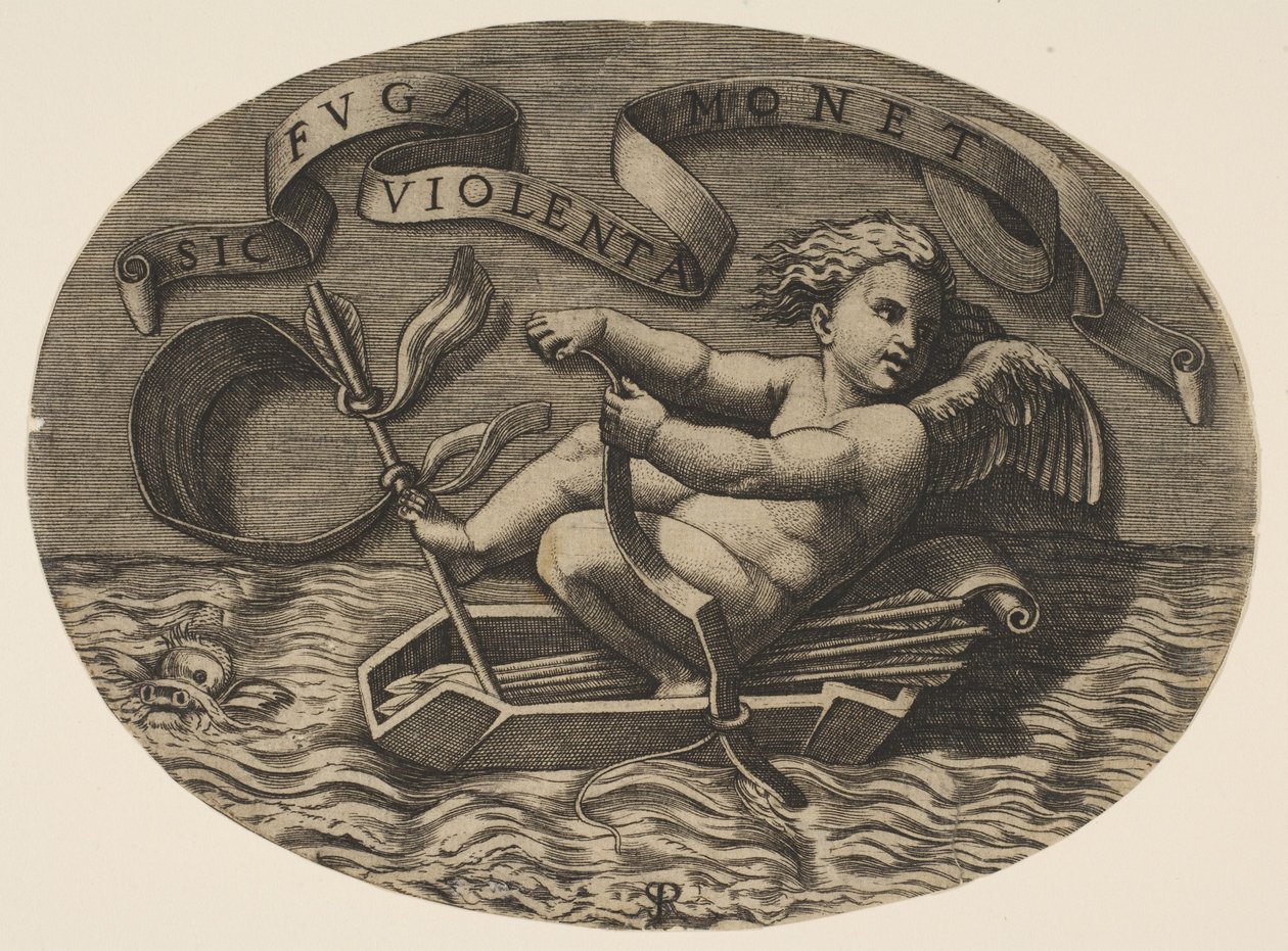 Eros Escaping by Sea Using His Bow to Propel a Boat Made from His Quiver by Marco Dente