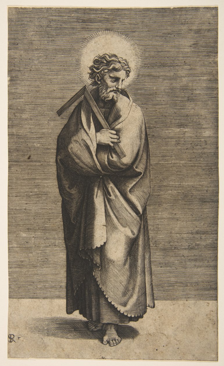 Saint Thomas holding a square rule, his head turned to the right by Marco Dente