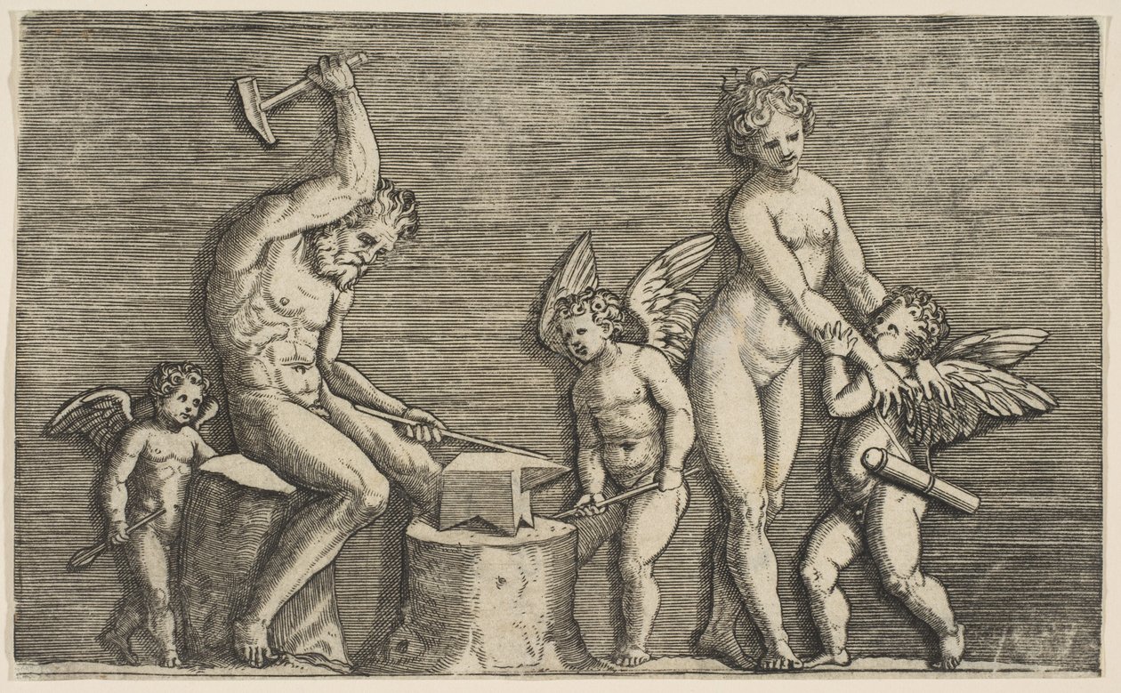 Vulcan Seated Hammering on an Anvil Flanked by Venus and Three Cupids by Marco Dente