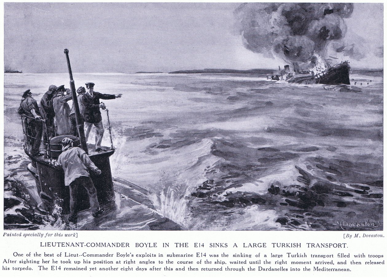 Lieutenant Commander Boyle in the E14 Sinks a Large Turkish Transport 1915 by Margaret Dovaston