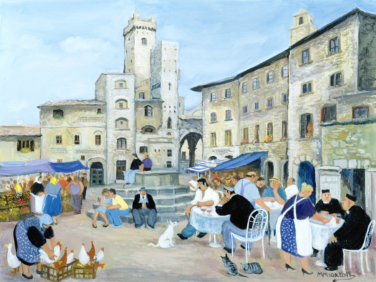Lunchtime in a Market Square, Tuscany by Margaret Loxton