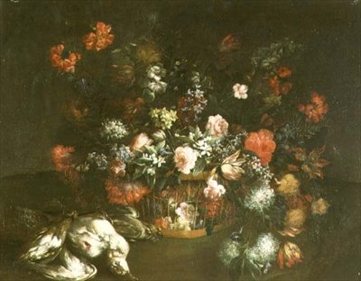 Roses, Tulips, Bluebells, Lilac and Other Flowers in a Basket with Dead Birds by Margarita (attr. to) Caffi