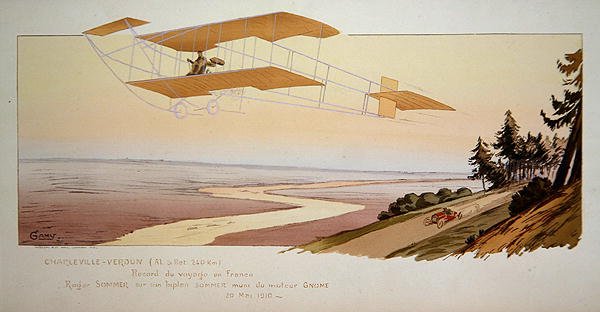 Roger Sommer (1877-1965) flying a record distance in his Sommer Biplane from Charleville to Verdun, May 1910, published by Mabileau, Paris by Marguerite (fl.1909 14) Montaut