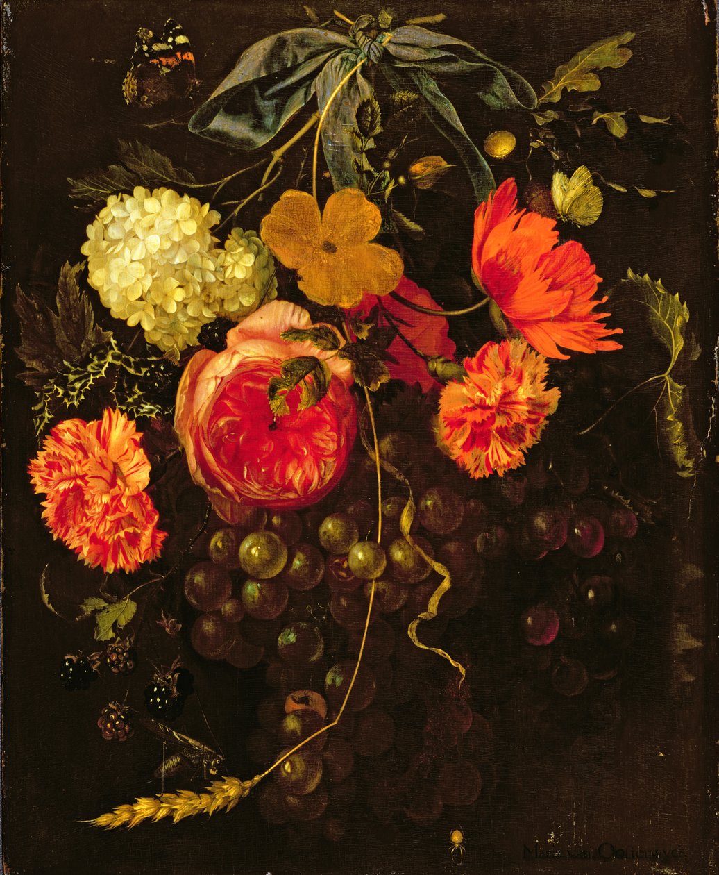 Still Life with a Swag of Fruits and Flowers Tied with a Blue Ribbon by Maria van Oosterwyck