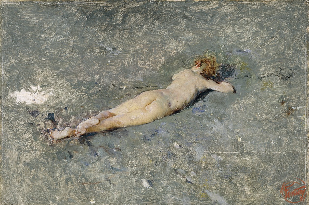 Nude on the Beach at Portici (Painting by Mariano Fortuny) by Mariano Fortuny y Marsal
