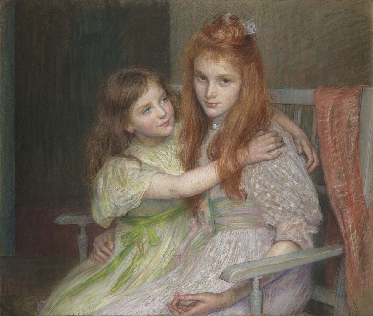 Two girls sitting on a bench by Marie Louise Catherine Breslau