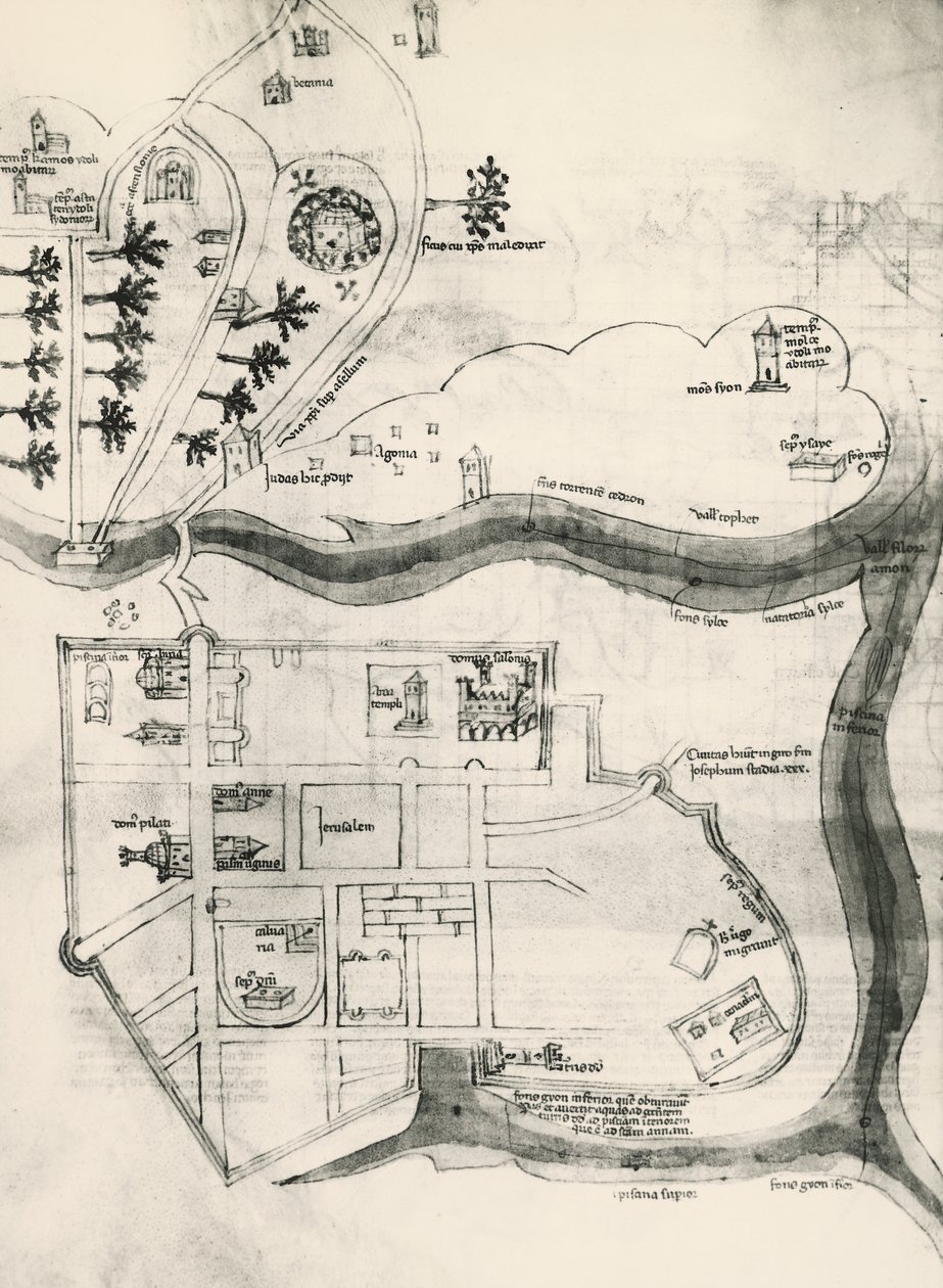 Map of Jerusalem, from Book of Secrets of Faithful of Cross (Liber Secretorum Fidelium Crucis) by Marino the Elder (after) Sanuto