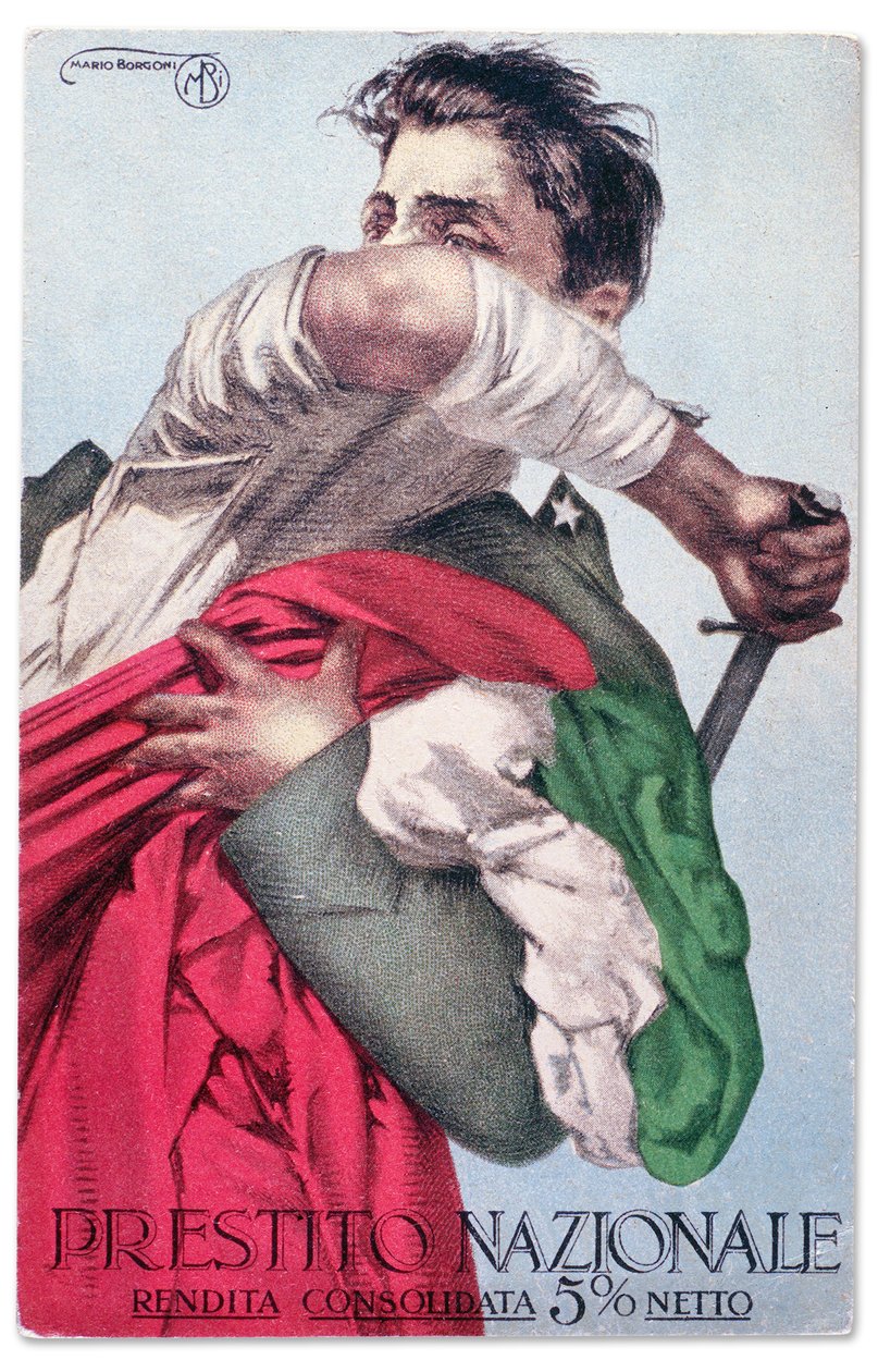 An Italian Soldier Defends the Tricolor with Drawn Sword. Propaganda Postal Card for the National Loan by Mario Borgoni