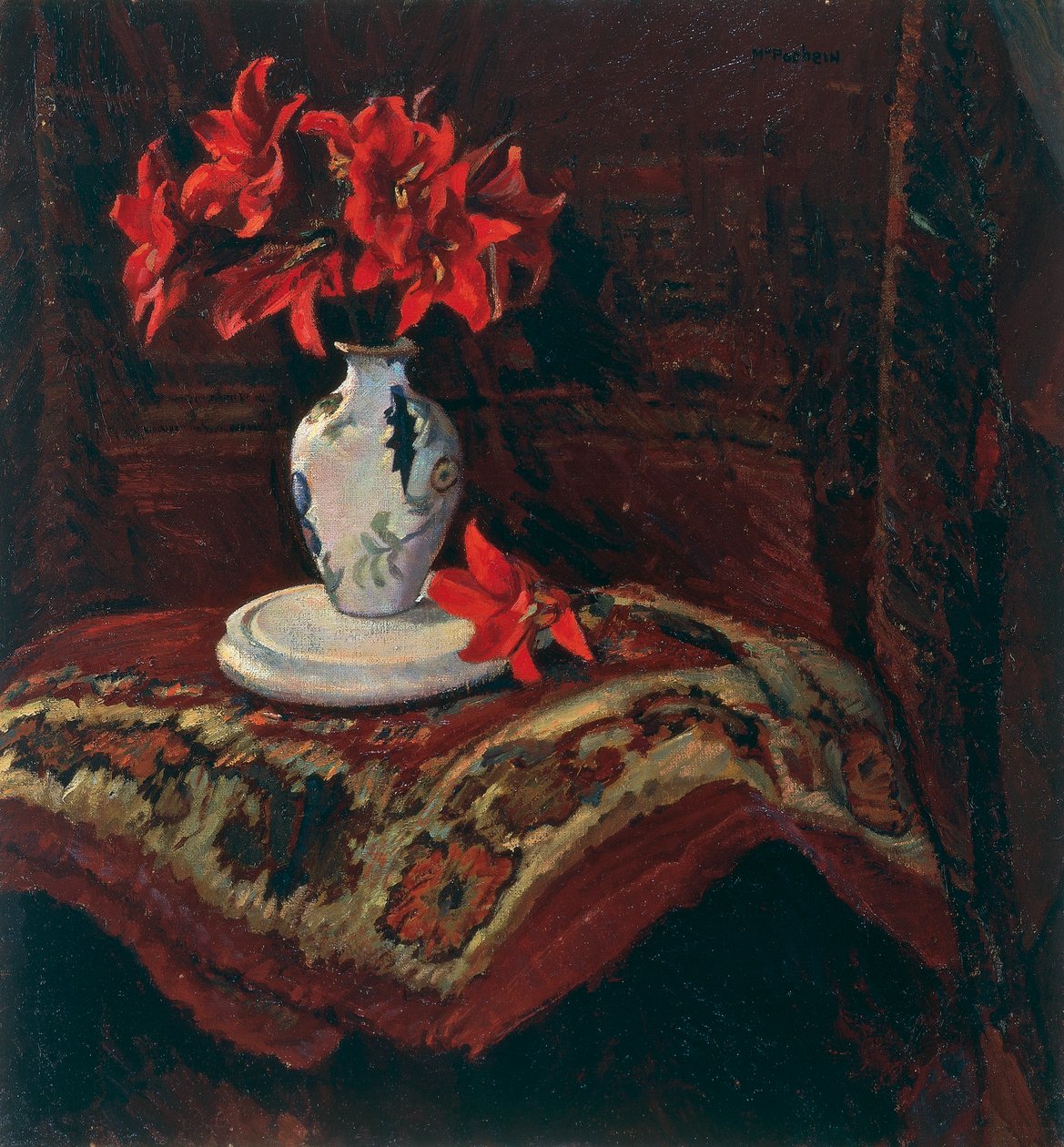 Rug and Vase with Red Lilies by Mario Puccini
