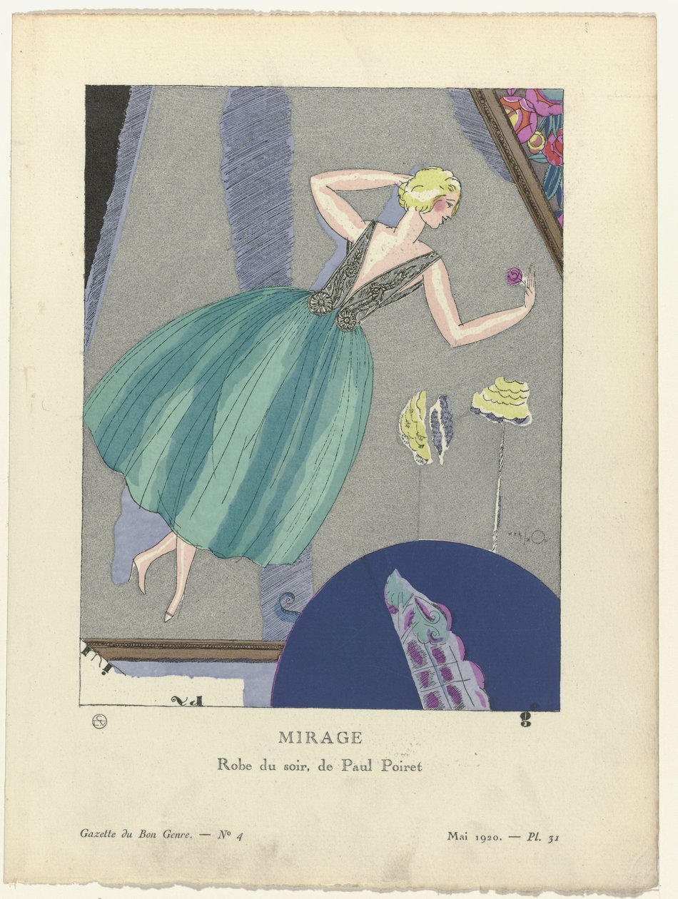 Gazette du Bon Ton, 1920 - No. 4, Pl. 31: Mirage. Evening Dress by Paul Poiret by Mario Simon