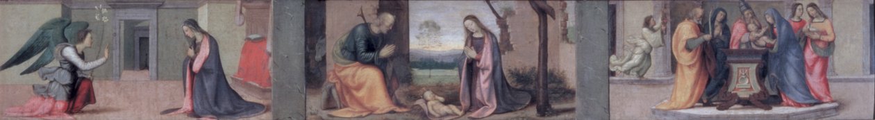 The Annunciation; The Nativity; The Presentation in the Temple, predella panel to The Visitation of St. Elizabeth to the Madonna, 1503 by Mariotto Albertinelli