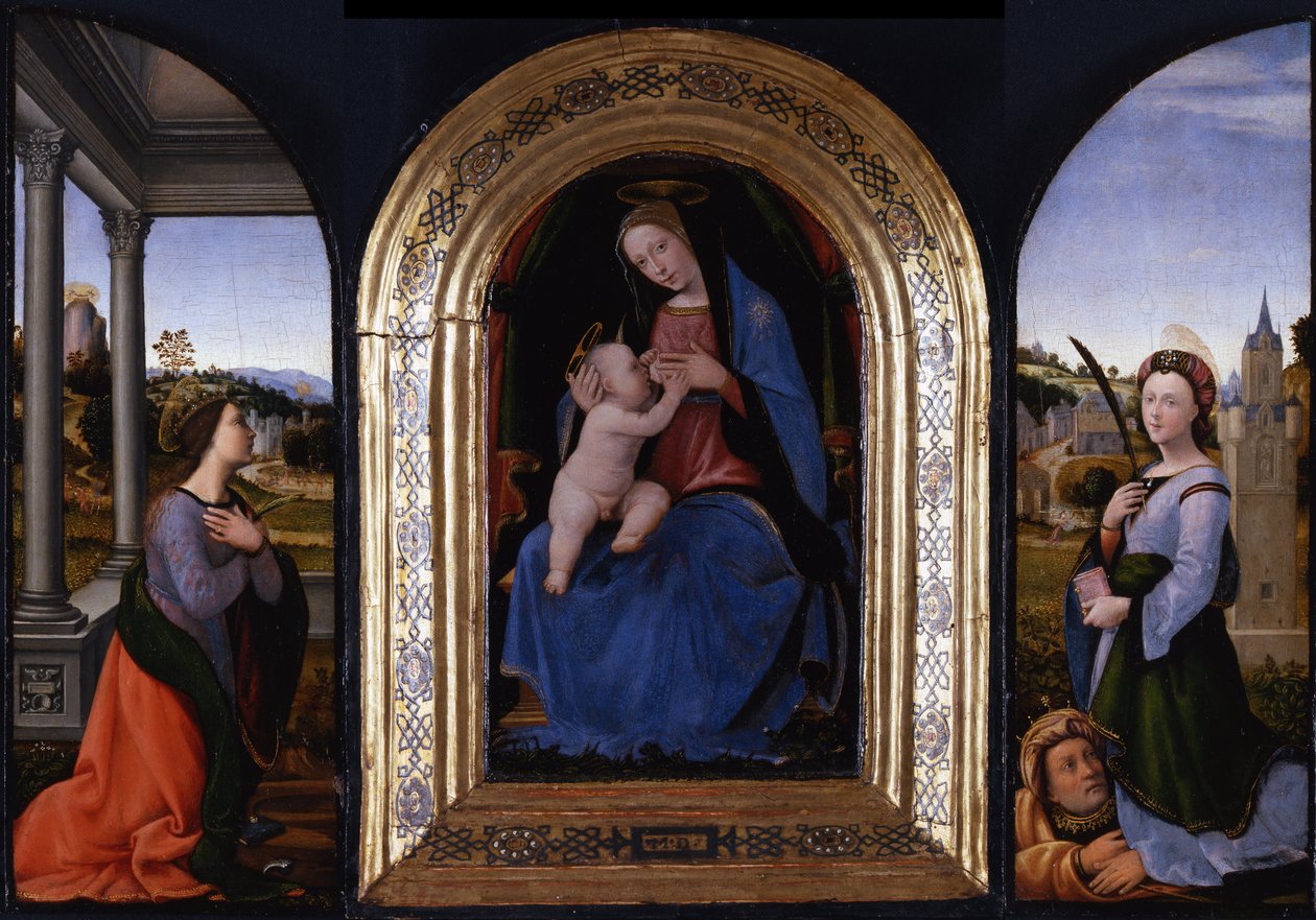 Enthroned Maria lactans with Saints Catherine of Alexandria and Barbara and her father Dioscurus, 15  by Mariotto Albertinelli