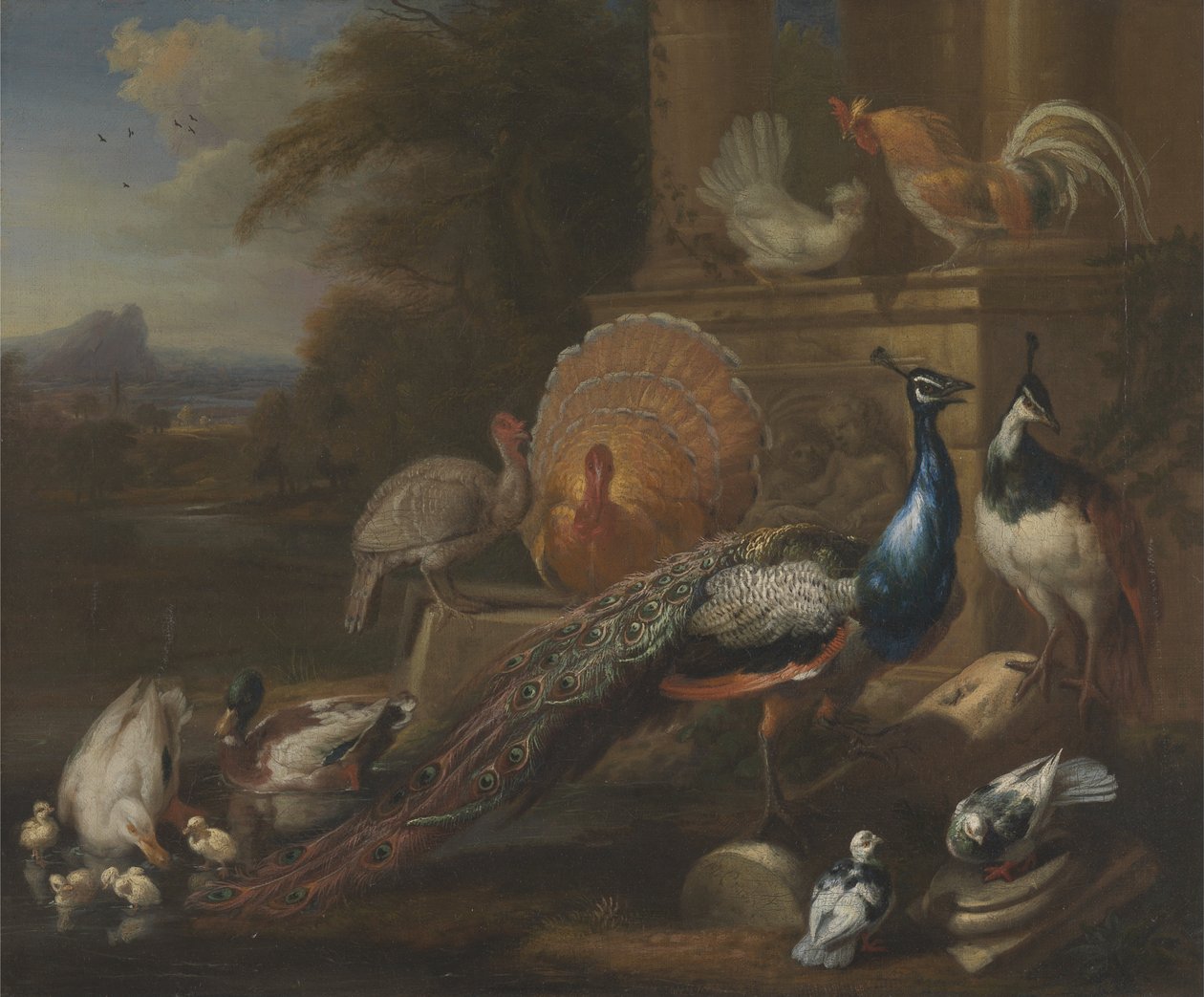 Peacocks, Doves, Turkeys, Chickens and Ducks by a Classical Ruin by Marmaduke Cradock