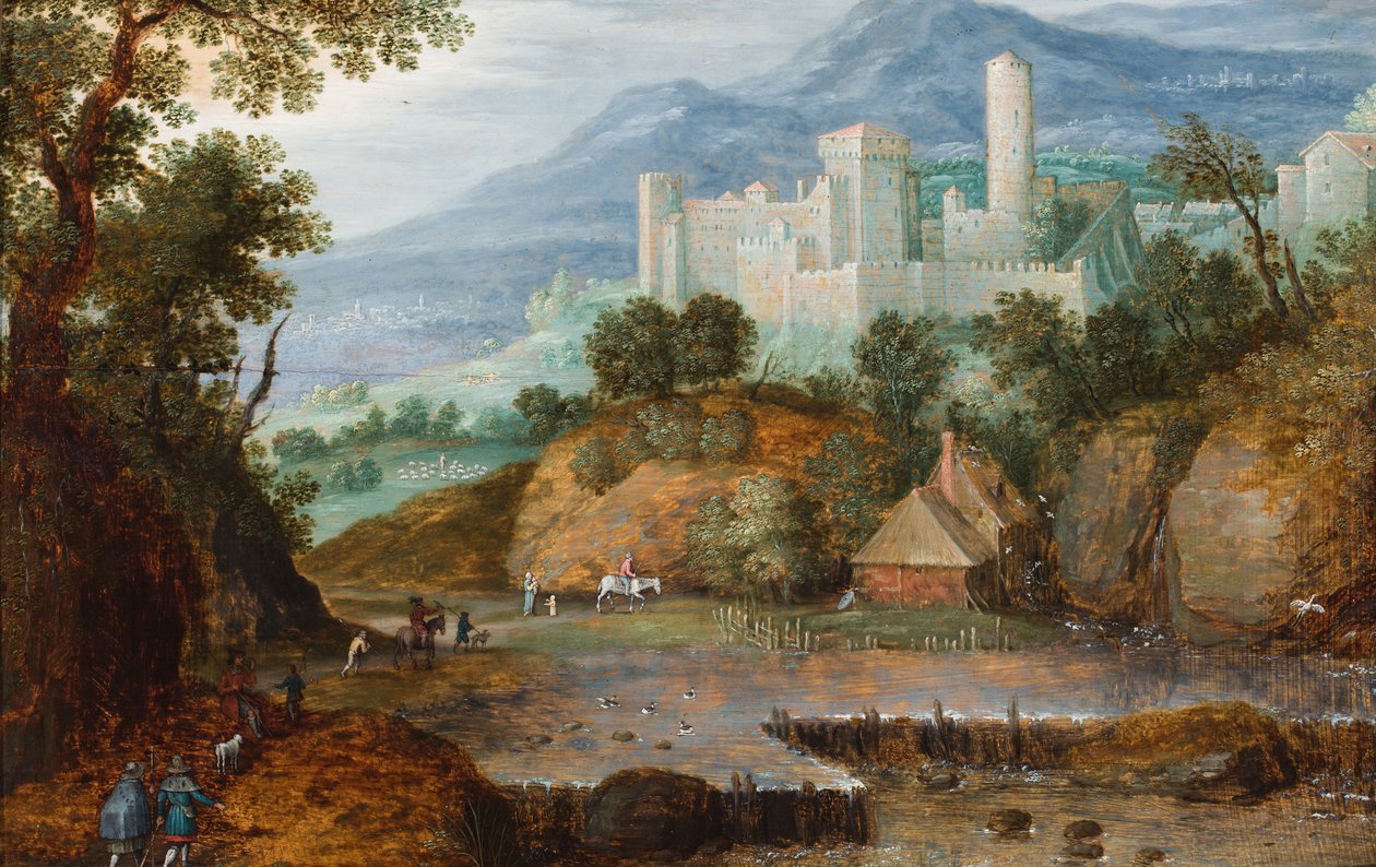 A Mountainous Landscape with Travellers Approaching a Castellated Building with a Round Tower by Marten Ryckaert