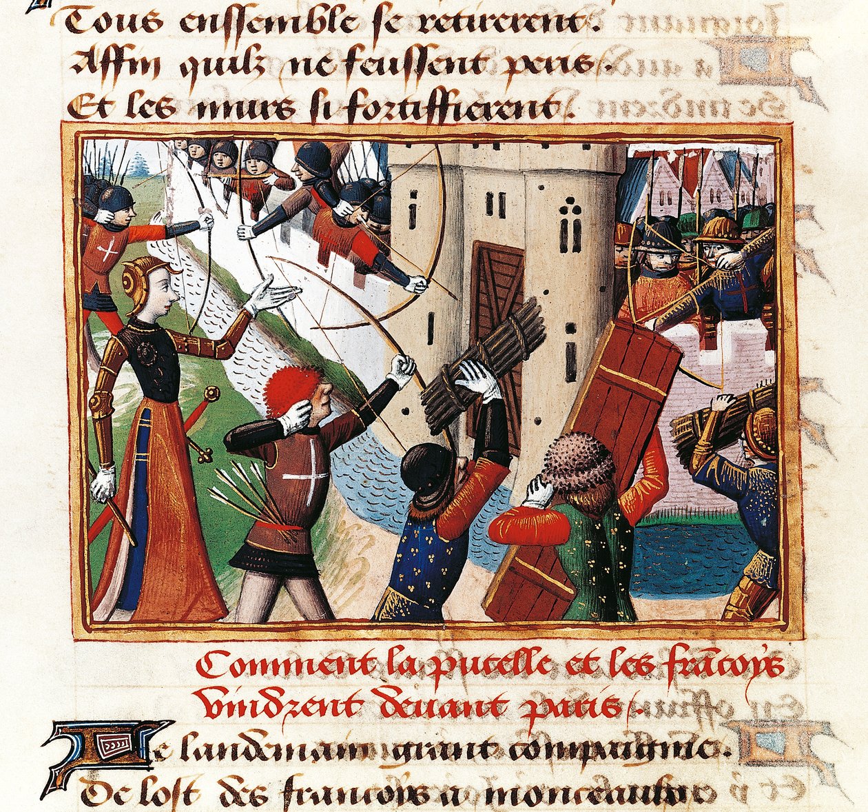 Joan of Arc at gates of St Honore, from where assault on Paris begins, miniature from Vigiles de Charles VII by Martial de Paris by Martial de Paris (fl.15th century)