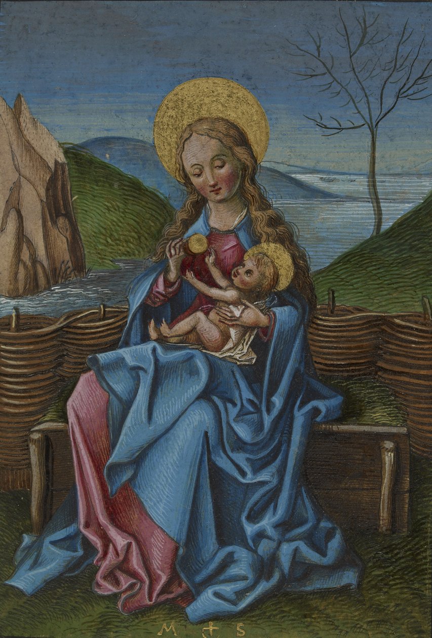 The Virgin and Child on a grassy bench by Martin Schongauer