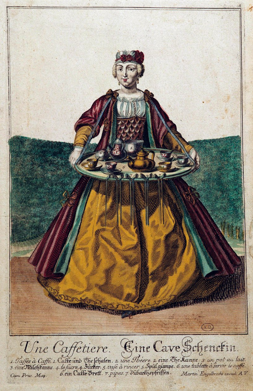 A coffee maker: a young woman carrying a tray with a coffee service by Martin Engelbrecht