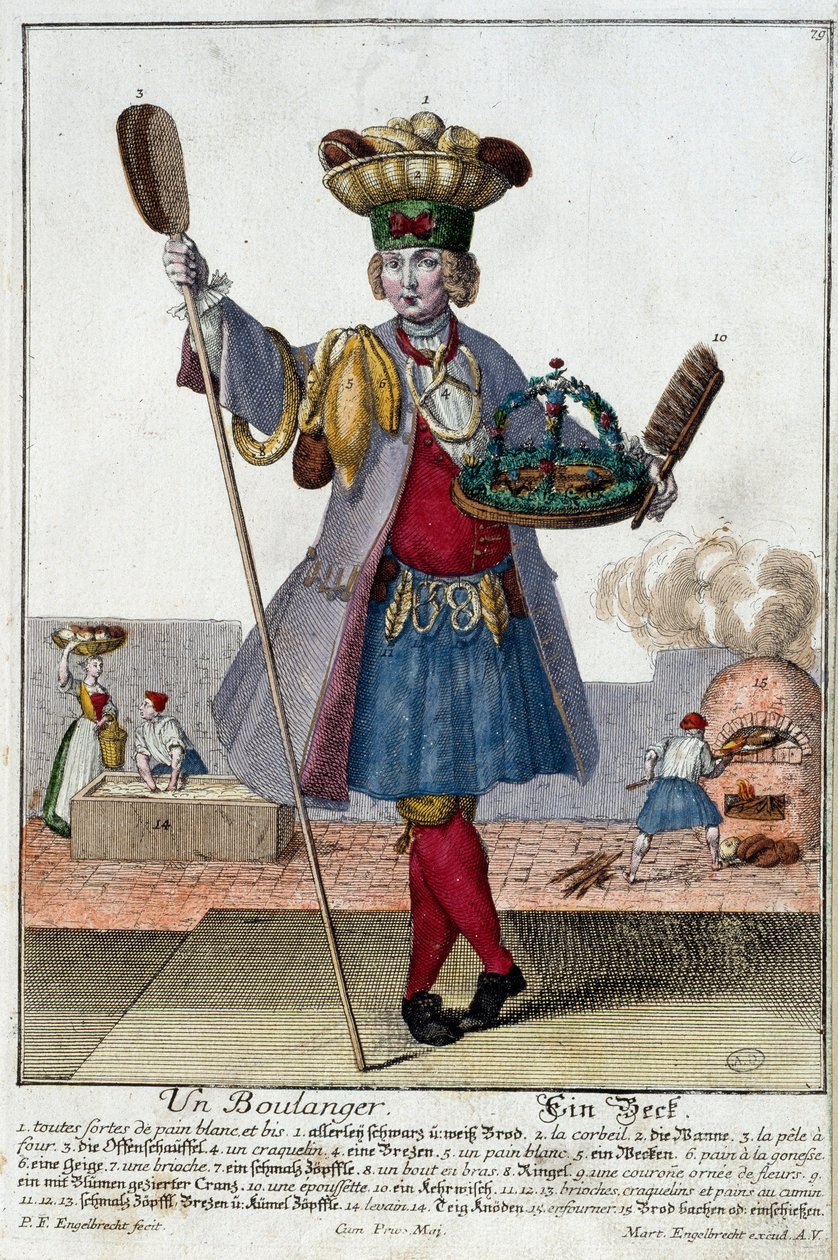Metier: A baker. Engraving by Martin Engelbrecht, in New assembly of the manouvries habilles, 18th century, Germany. Paris, Decorative Arts by Martin Engelbrecht