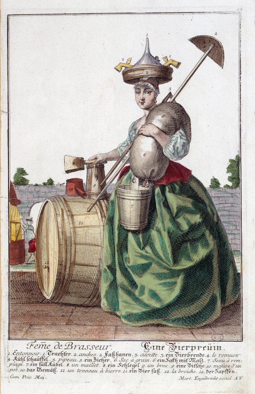 Representation of the Wife of a Brewer, carrying a funnel on her head, a grain bag, a bowl, a bucket, a beer barrel. Engraving by Martin Engelbrecht by Martin Engelbrecht
